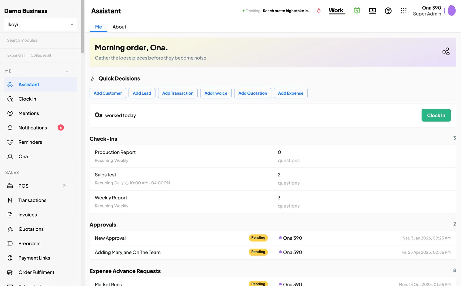 The 390 Work assistant screen